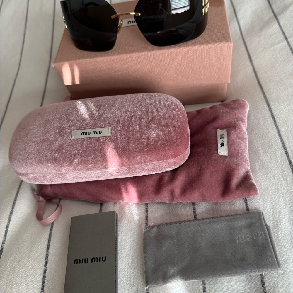 Miu Miu wrap Sunglasses in dark purple lenses & Gold arms & logo New/ full set